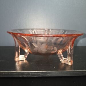 Vintage  Depression Glass Bowl Open Footed, Etched Flowers, Starburst 7.5” x 3”